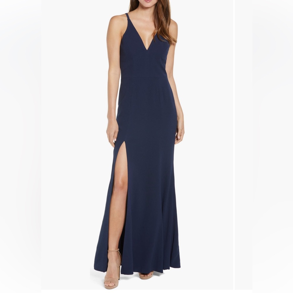 Dress the Population Iris Deep V Slit Gown Navy Blue